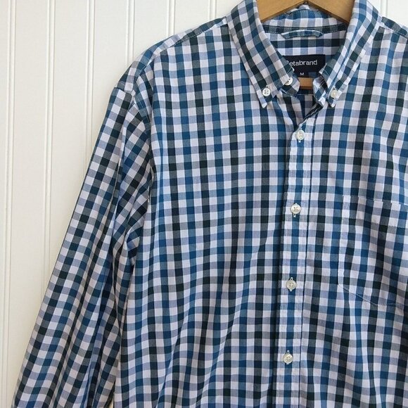 Betabrand Men's Gingham Button Down Shirt Size M Blue Green Check Cotton Stretch - Picture 4 of 12